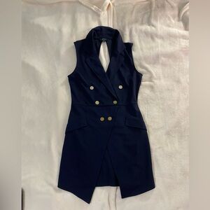 Privy Navy Blue Sleeveless Tuxedo Blazer Dress Open Back Women's Size Medium.
